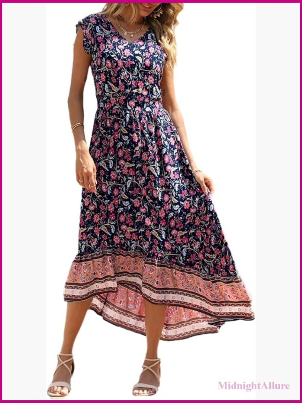 V Neck Floral Maxi Dress with Cap Sleeves High Low Hem Elastic Waist